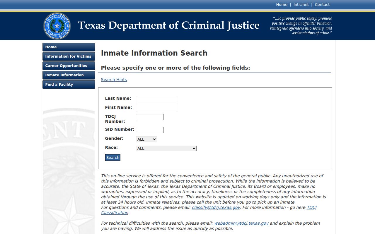 Brazoria County arrest search through the TDCJ sentenced prisoner locator