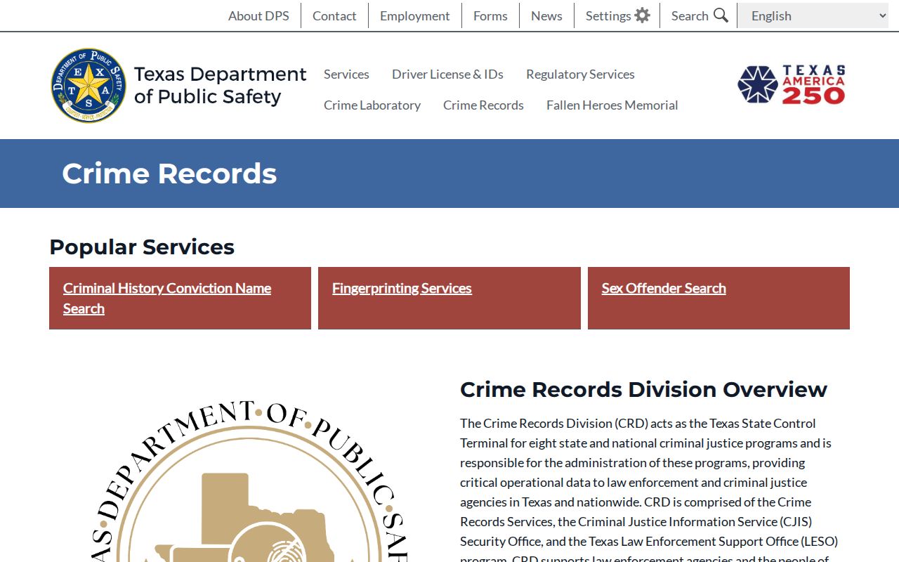 Brazoria County criminal history Texas DPS Crime Records Service